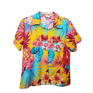 King Kameha Women's Short Sleeve Hawaiian Tropical Pineapple Button-Up Shirt MED